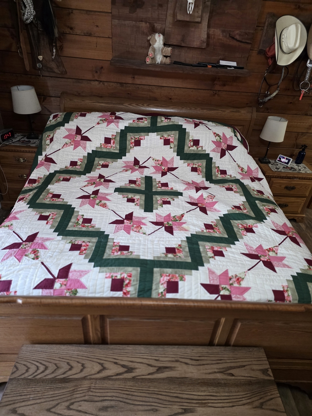 Handmade Pink & Green Floral Patchwork Quilt - Classic Bedding